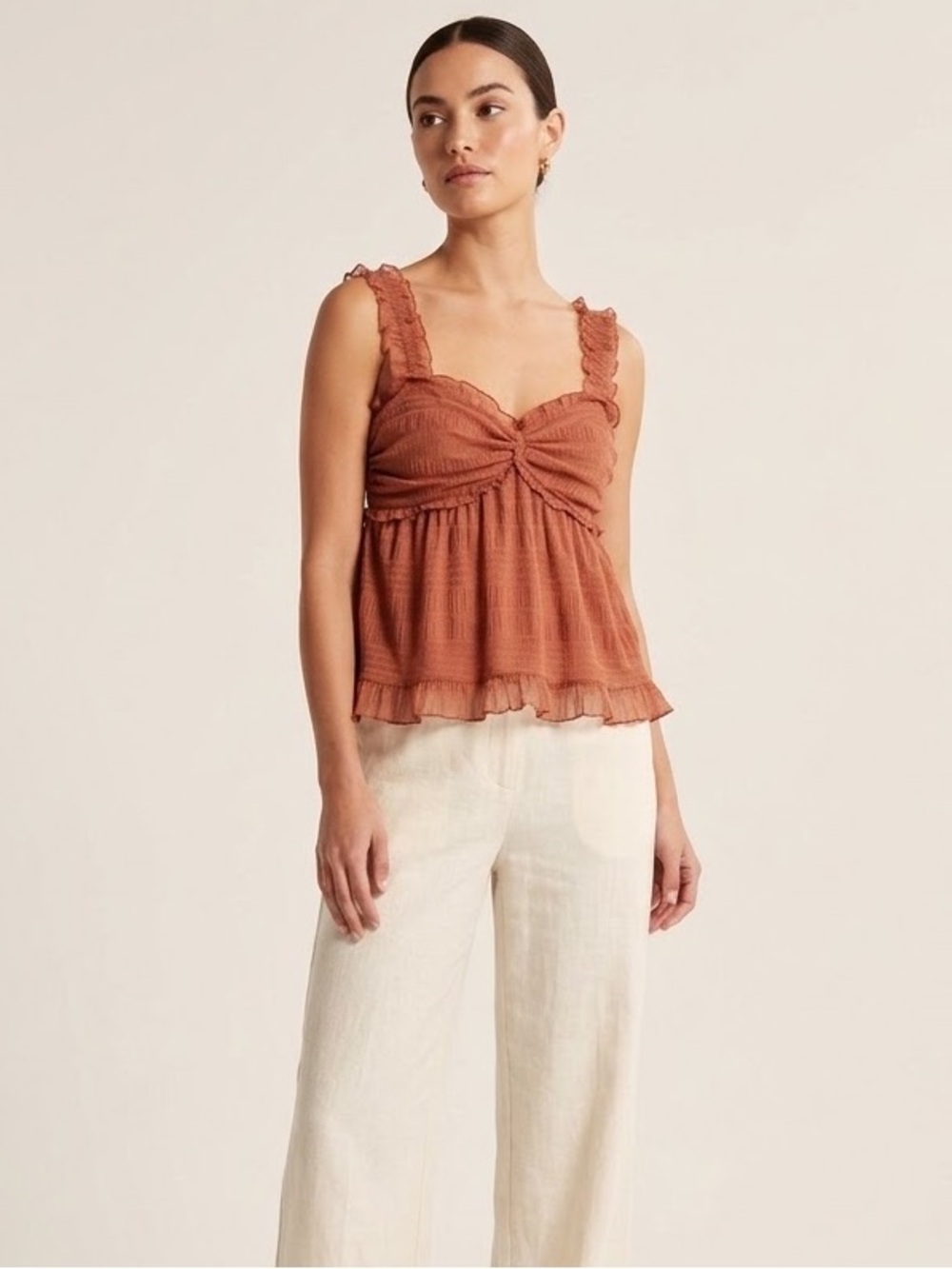 NWT Max Studio Dusty Rose Ruffled Tie-Front Smocked Babydoll Camisole Tank Top